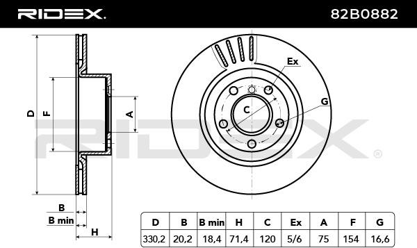 RIDEX 82B0882 Brake rotor Rear Axle, 330,0x20mm, 05/06x120, internally vented