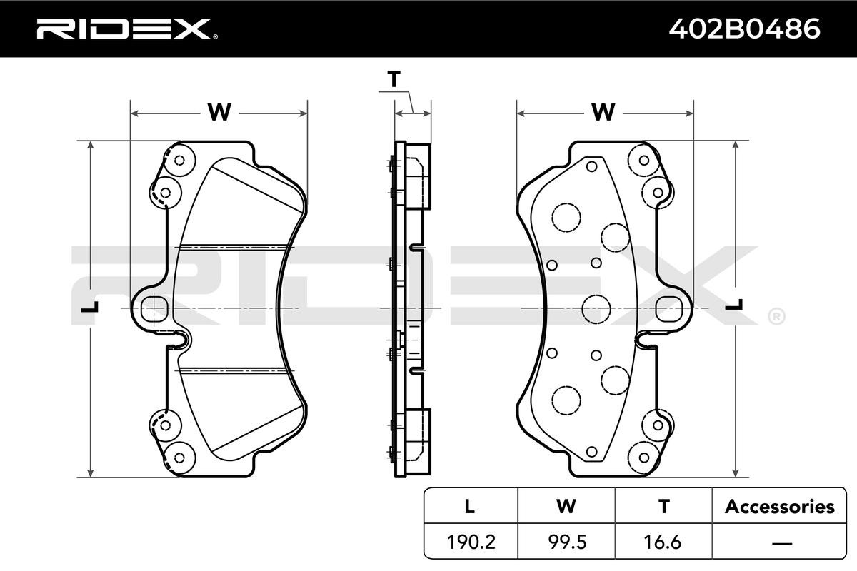 RIDEX 402B0486 Disc pads Front Axle, prepared for wear indicator, with anti-squeak plate