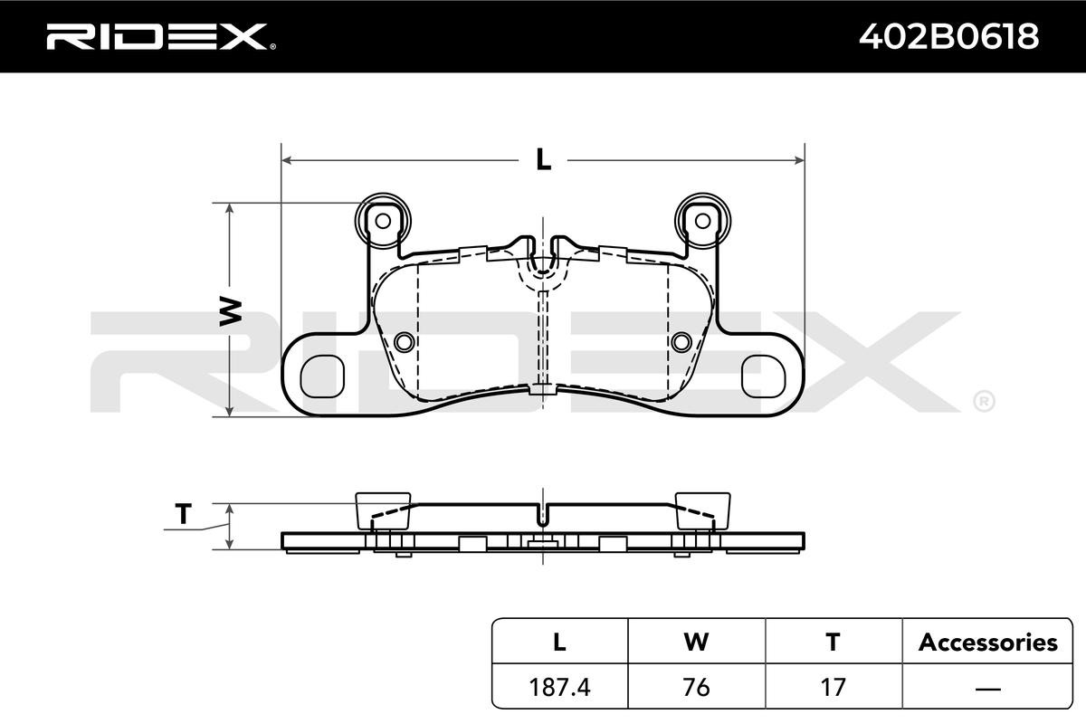 402B0618 Set of brake pads 402B0618 RIDEX Rear Axle, prepared for wear indicator