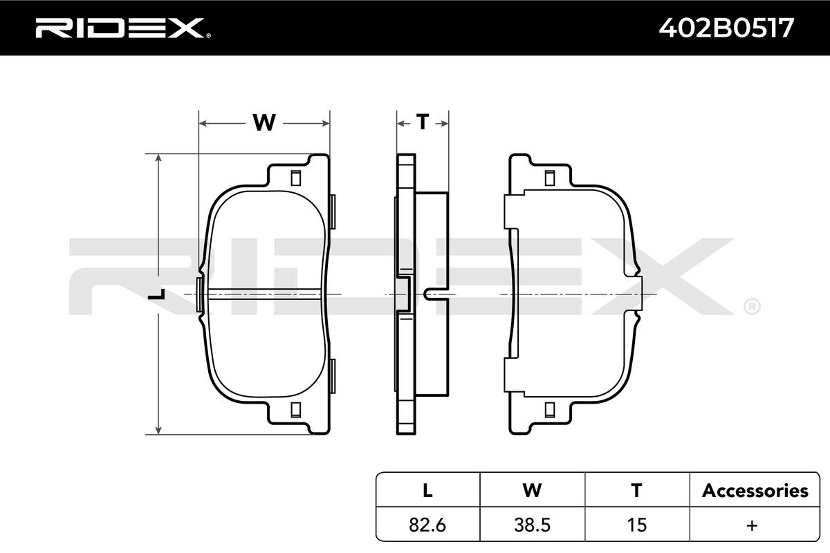 402B0517 Set of brake pads 402B0517 RIDEX Rear Axle, excl. wear warning contact