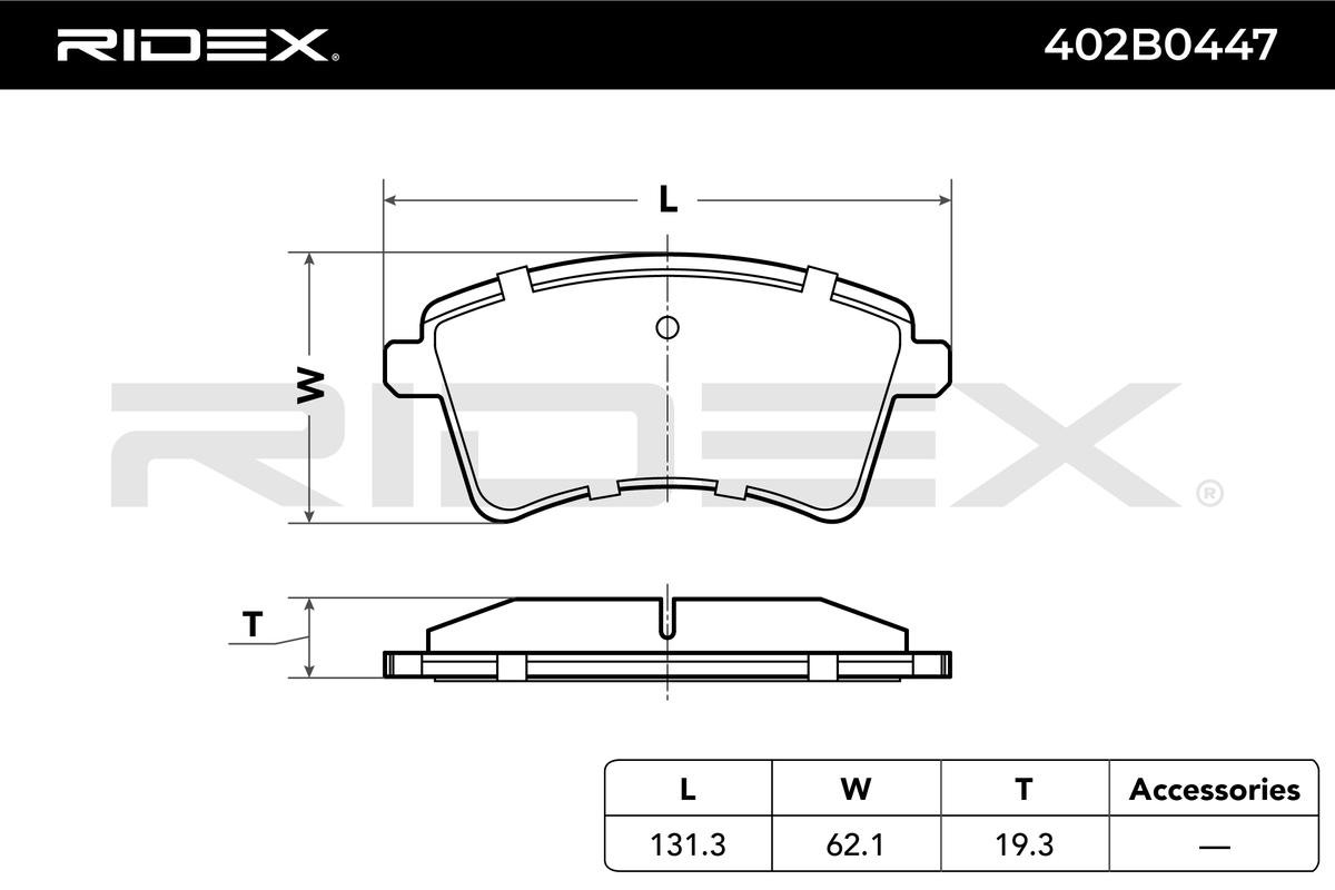 402B0447 Set of brake pads 402B0447 RIDEX Front Axle, excl. wear warning contact