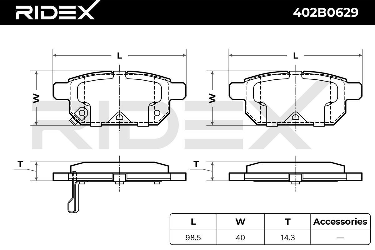 402B0629 Set of brake pads 402B0629 RIDEX Rear Axle, with acoustic wear warning, Axle Vers.: Rear