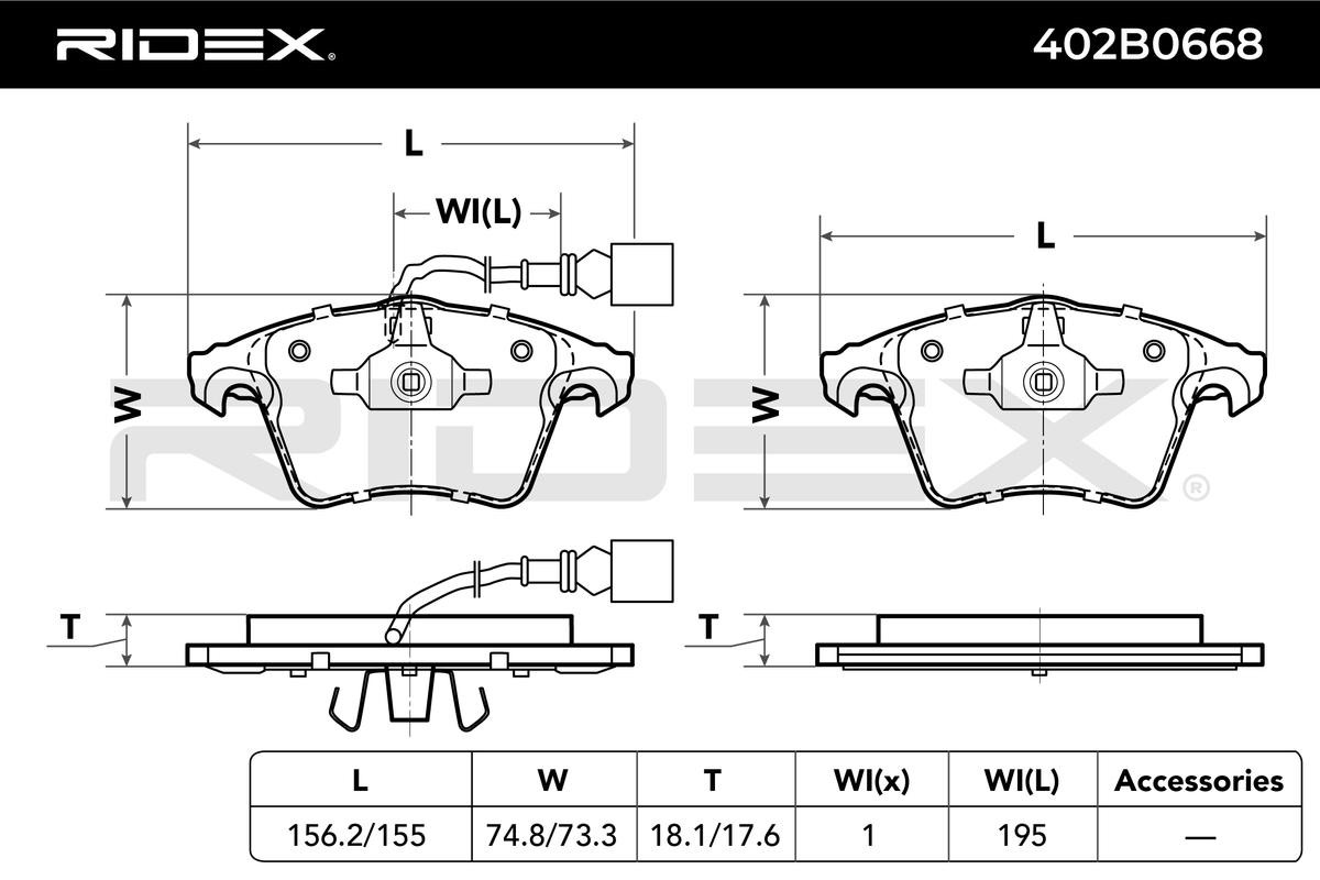 RIDEX Brake pad kit 402B0668 for VW MULTIVAN, TRANSPORTER, CALIFORNIA
