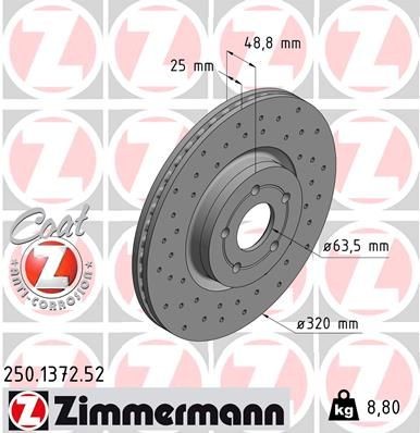 250.1372.52 Brake discs 250.1372.52 ZIMMERMANN 320x25mm, 5/5, 5x108, internally vented, Perforated, Coated