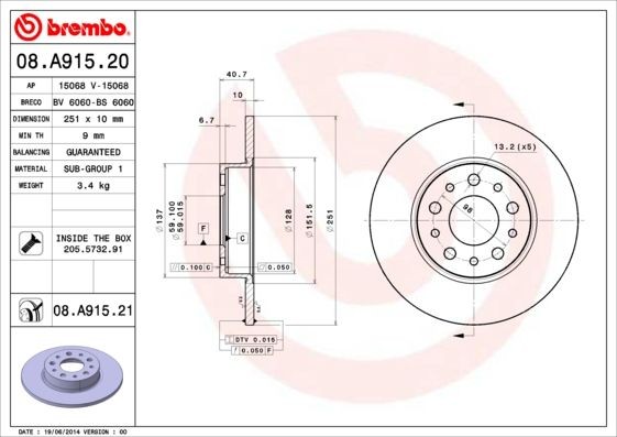 BREMBO 08.A915.21 Brake rotor 251x10mm, 5, solid, Coated