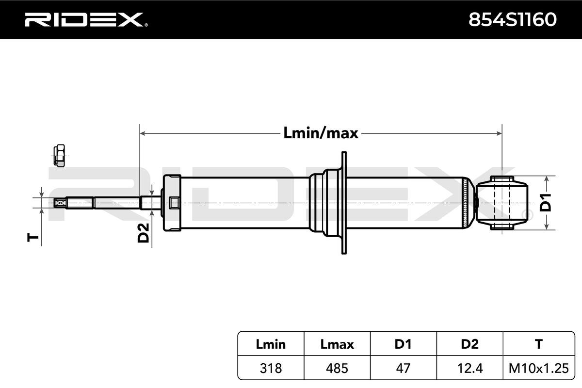 854S1160 Shocks 854S1160 RIDEX Rear Axle, Gas Pressure, Twin-Tube, Spring-bearing Damper, Top pin, Bottom eye