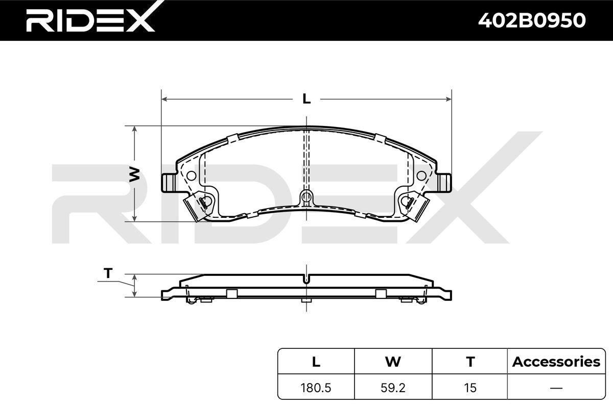 402B0950 Set of brake pads 402B0950 RIDEX Front Axle, with acoustic wear warning