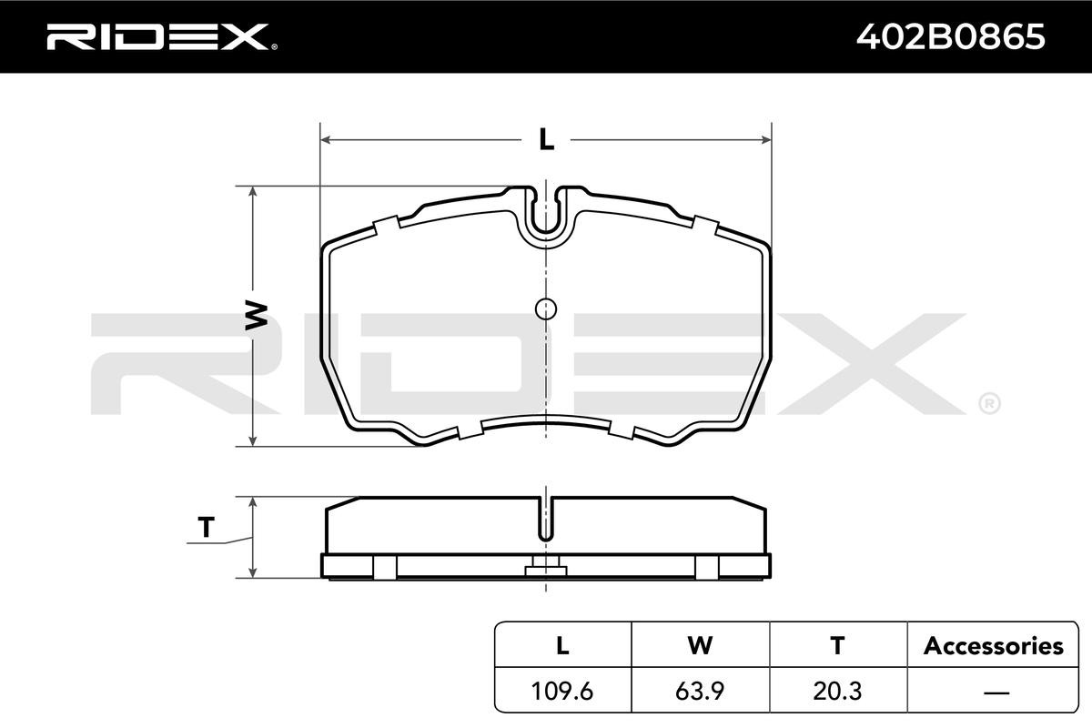402B0865 Set of brake pads 402B0865 RIDEX Rear Axle, prepared for wear indicator