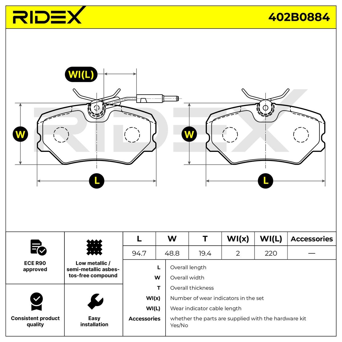 OEM-quality RIDEX 402B0884 Disc pads