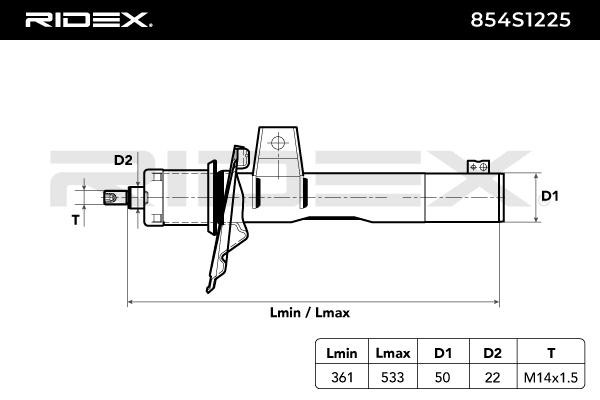 RIDEX 854S1225 Shock absorber Front Axle, Gas Pressure, Suspension Strut, Bottom Clamp, Top pin