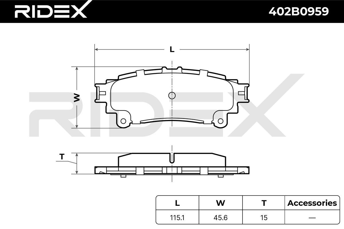 402B0959 Set of brake pads 402B0959 RIDEX Rear Axle, Low-Metallic, excl. wear warning contact