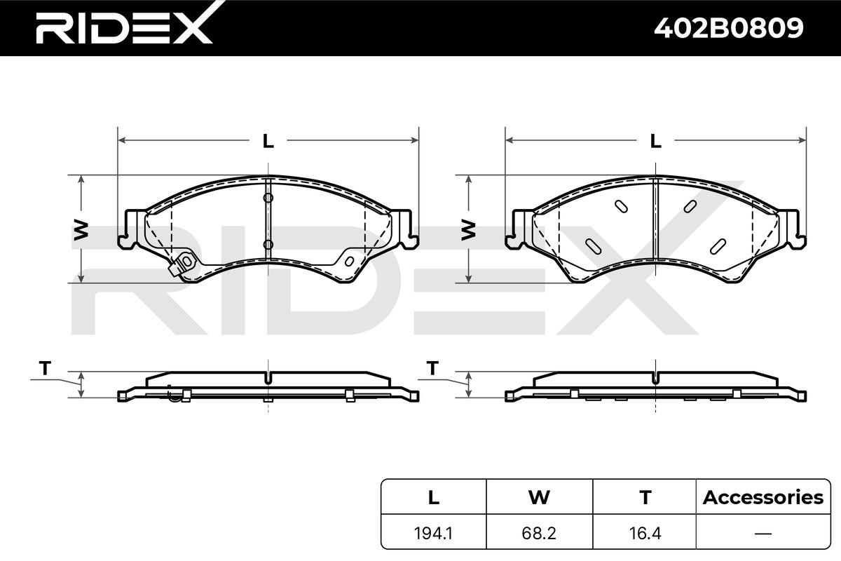 402B0809 Set of brake pads 402B0809 RIDEX Front Axle, with acoustic wear warning, with brake caliper screws, with accessories, without accessories