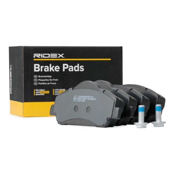 RIDEX 402B0810 Brake pad set Front Axle, Low-Metallic, without integrated wear sensor, with lock screw set, with accessories