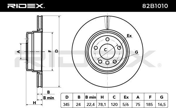 82B1010 Brake discs 82B1010 RIDEX Rear Axle, 345,0x24mm, 05/06x120, internally vented, Uncoated