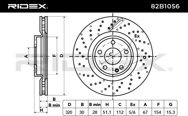 RIDEX 82B1056 Disco freno 320,0x30mm, 05/06x112, perforato/ventilazione interna, Non rivestito
