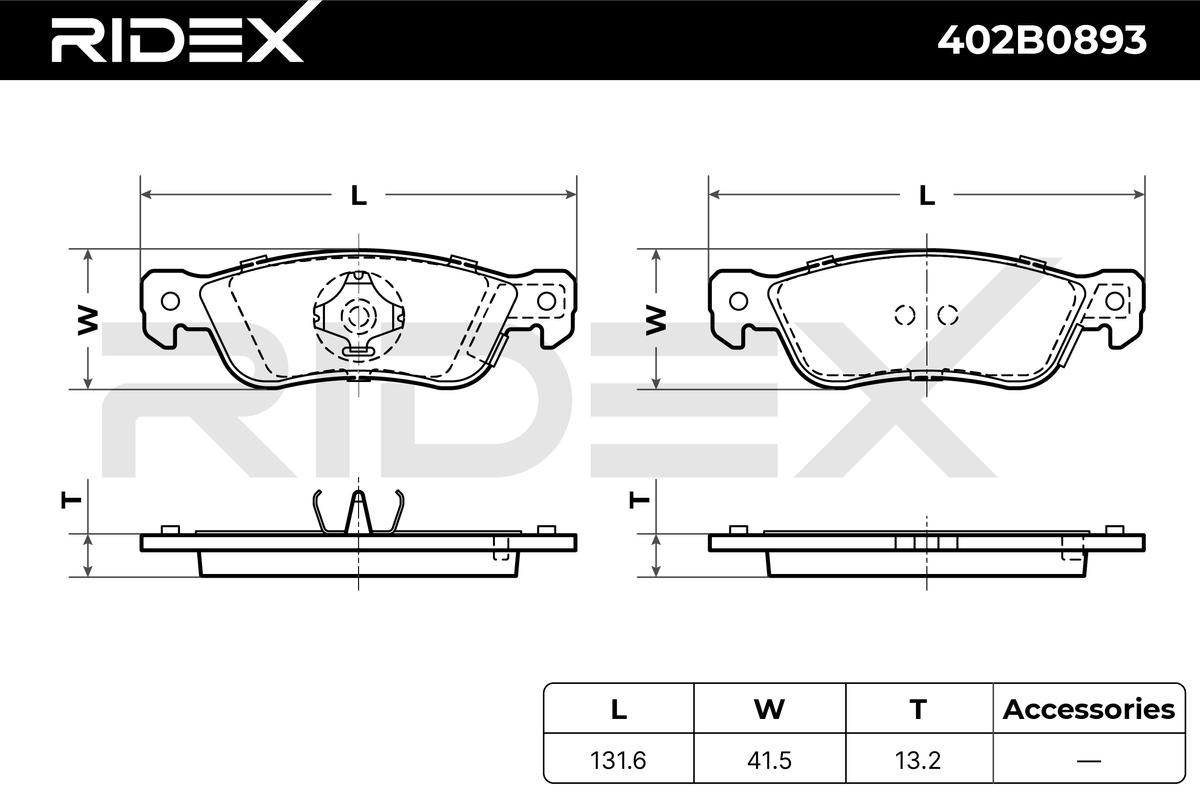 402B0893 Set of brake pads 402B0893 RIDEX Rear Axle, incl. wear warning contact