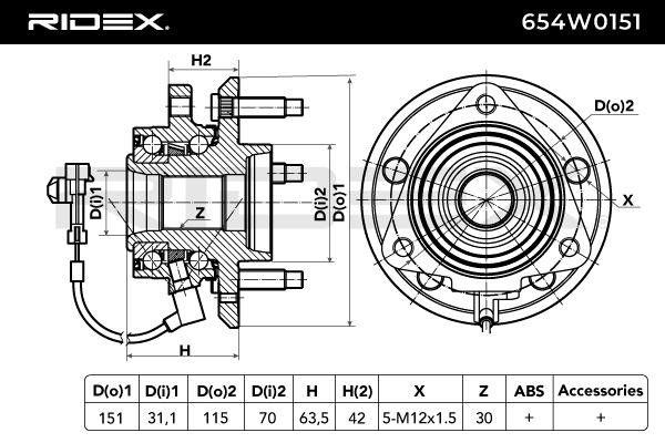 654W0151 Hub bearing & wheel bearing kit 654W0151 RIDEX Front Axle, Left, Right, with integrated magnetic sensor ring, 151 mm
