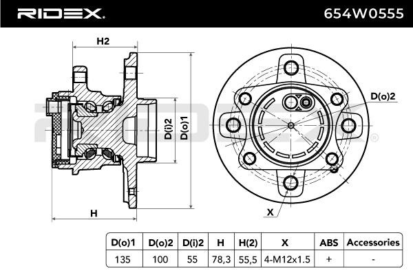 654W0555 Hub bearing & wheel bearing kit 654W0555 RIDEX Rear Axle both sides, 135,0 mm