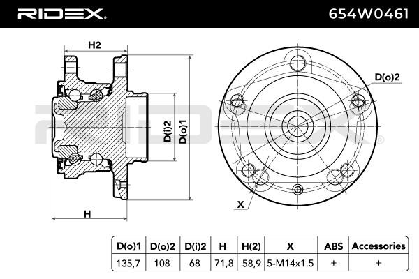 654W0461 Hub bearing & wheel bearing kit 654W0461 RIDEX Rear Axle both sides, with screw, 135,7 mm