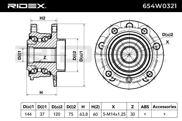 654W0321 Hub bearing & wheel bearing kit 654W0321 RIDEX Front Axle, Left, Right, with integrated magnetic sensor ring, 33 mm