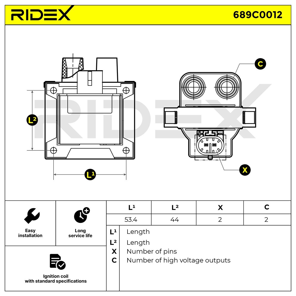 RIDEX 689C0012 Ignition coil pack 2-pin connector, 12V