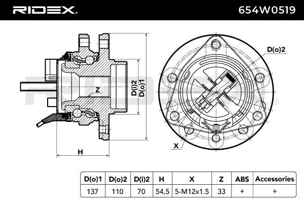 654W0519 Hub bearing & wheel bearing kit 654W0519 RIDEX Front axle both sides, Photo corresponds to scope of supply, Wheel Bearing integrated into wheel hub, 137,00, 90,00 mm