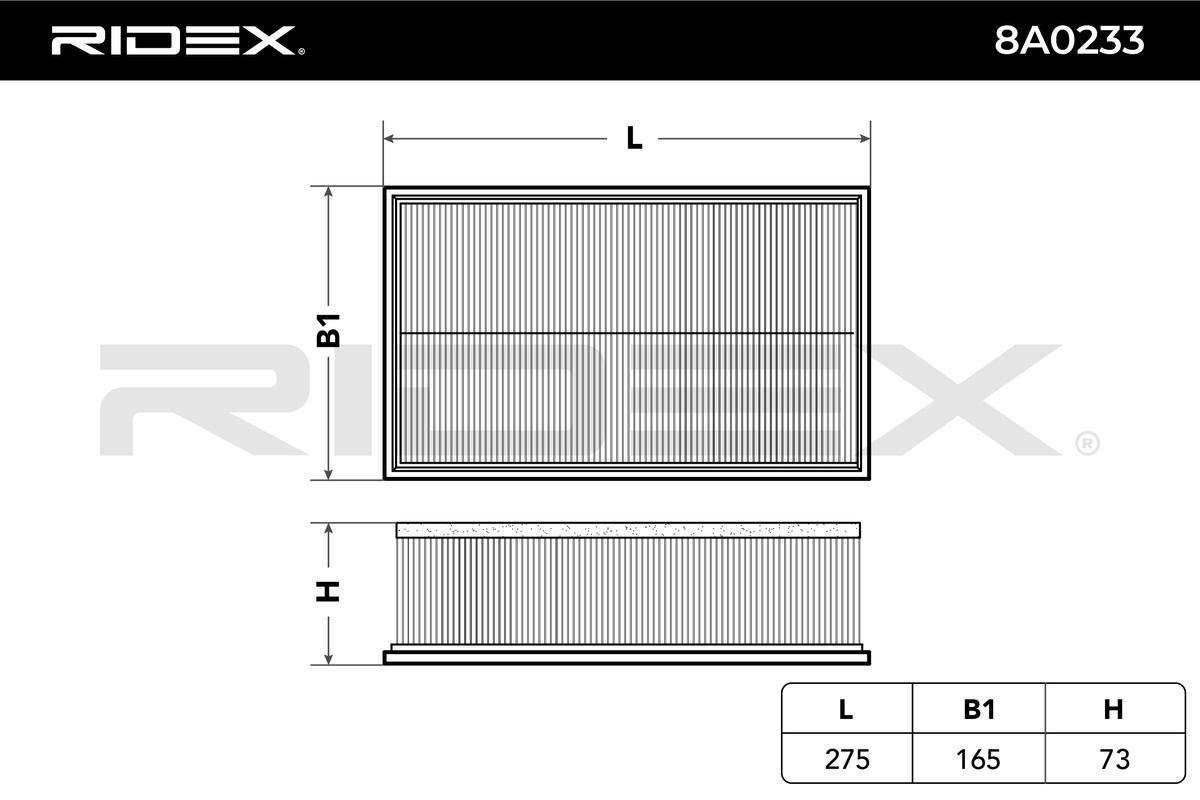 8A0233 Air filter 8A0233 RIDEX 73,0mm, 165,0mm, 275,0mm, Air Recirculation Filter