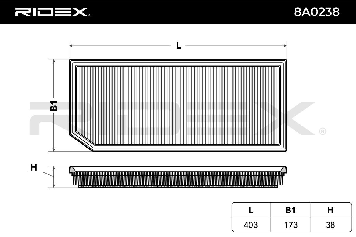 8A0238 Air filter 8A0238 RIDEX 38,0mm, 173,0mm, 403,0mm, Air Recirculation Filter