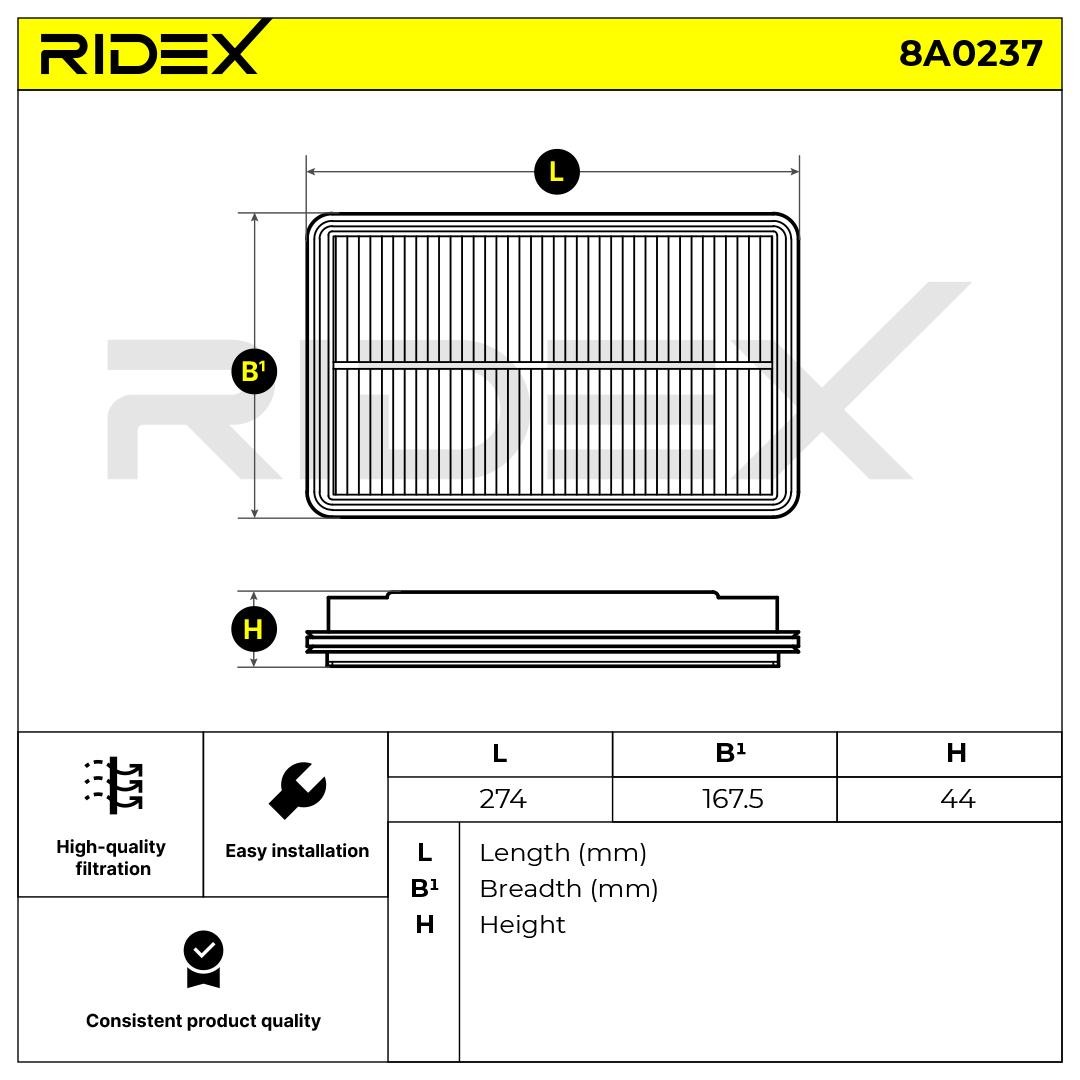 8A0237 Air filter 8A0237 RIDEX 42, 44mm, 173mm, Filter Insert