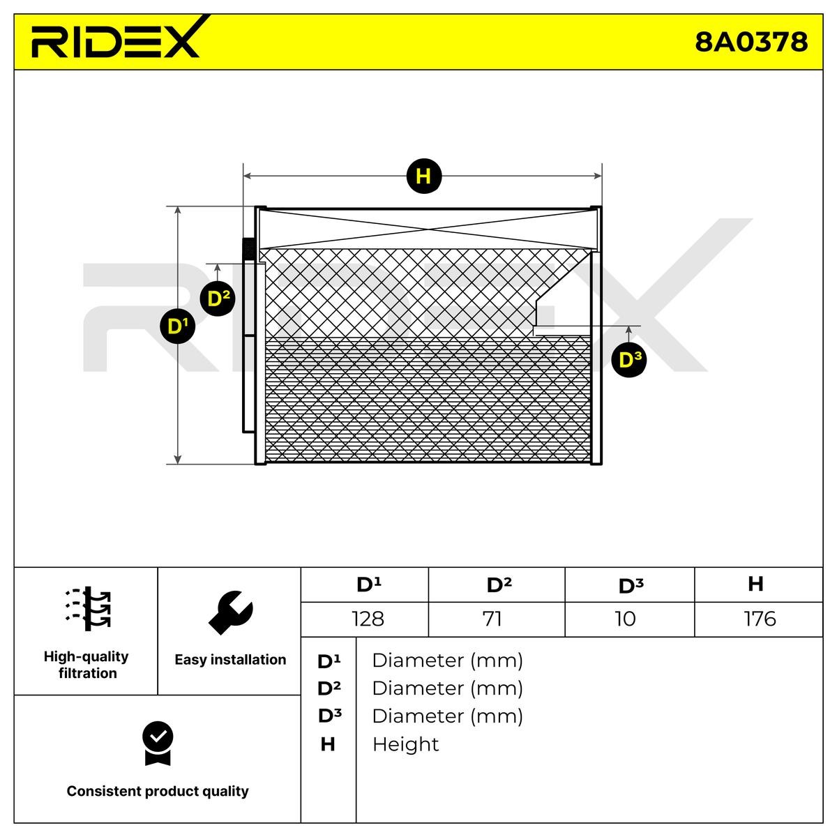 8A0378 Air filter 8A0378 RIDEX 176,5mm, 127,3mm, Air Recirculation Filter