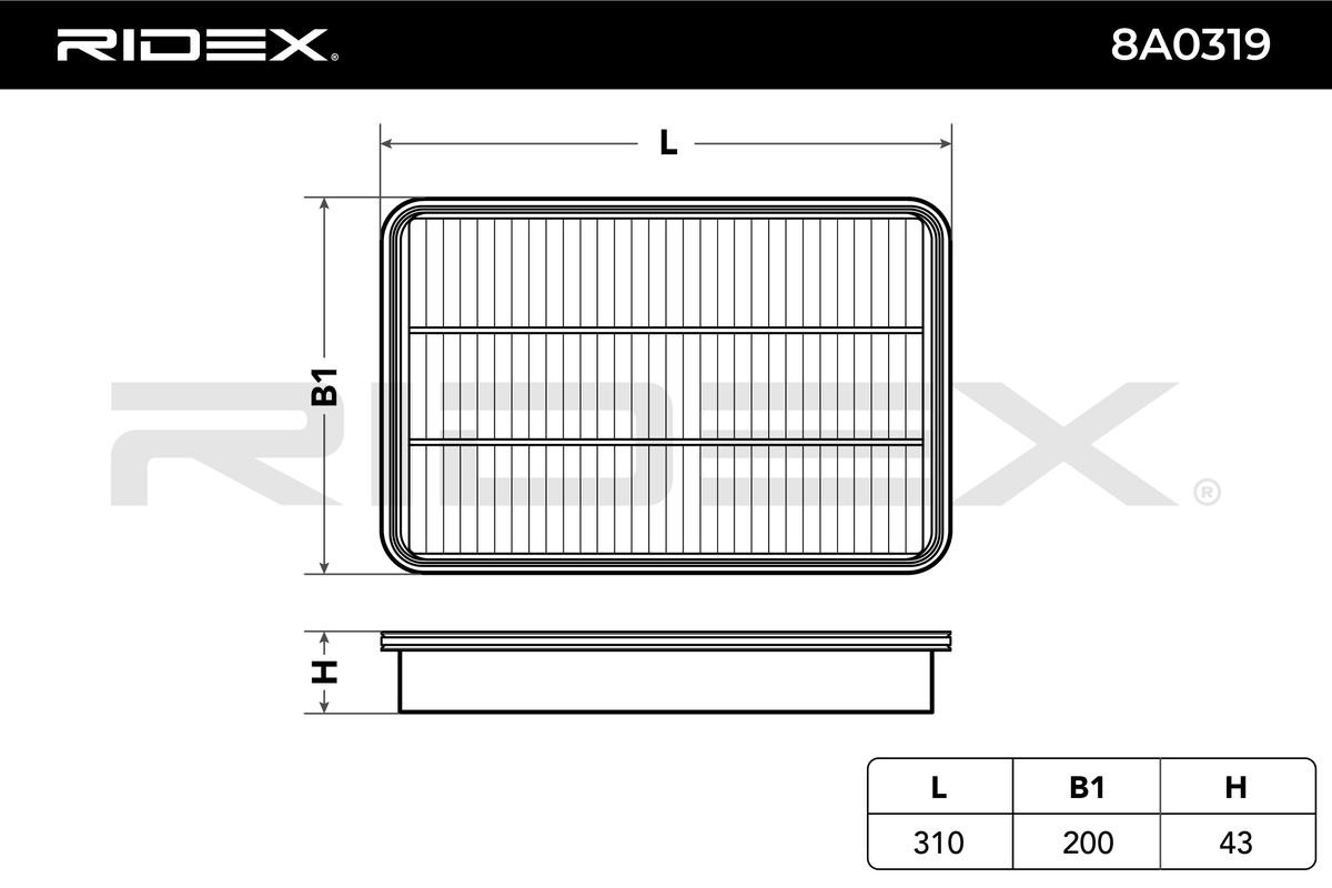 8A0319 Air filter 8A0319 RIDEX 43mm, 200mm, 310mm, Air Recirculation Filter