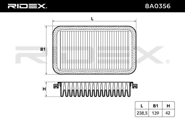 8A0356 Air filter 8A0356 RIDEX 42mm, 139mm, 238,5mm, Filter Insert