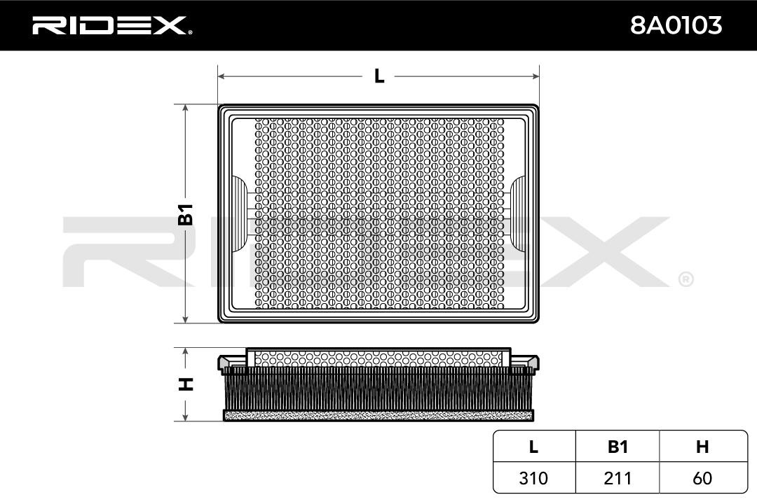 RIDEX 8A0103 Air filter 60mm, 211mm, 312mm, rectangular, Filter Insert, Air Recirculation Filter, with pre-filter