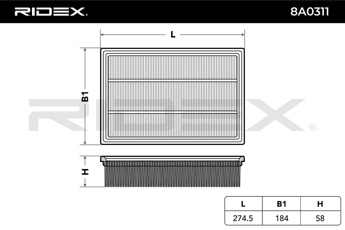 8A0311 Air filter 8A0311 RIDEX 57mm, 183mm, 274mm, Filter Insert, Air Recirculation Filter
