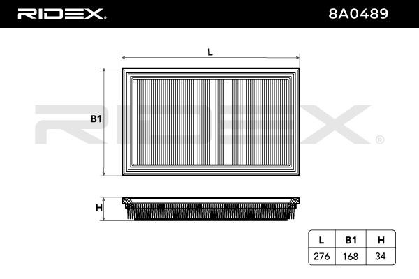 RIDEX 8A0489 Engine filter 34mm, 168mm, 276mm, rectangular, Air Recirculation Filter, Filter Insert