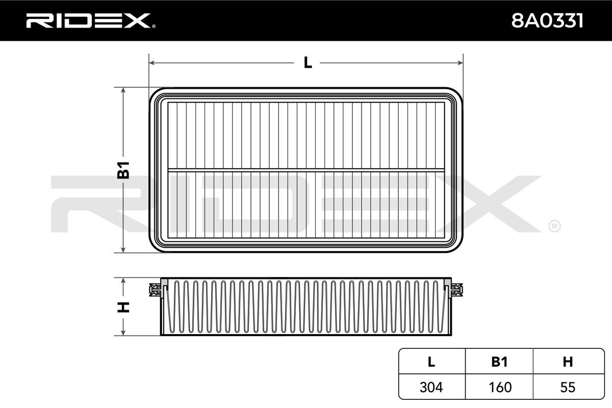 8A0331 Air filter 8A0331 RIDEX 55mm, 160mm, 303mm, rectangular, Filter Insert