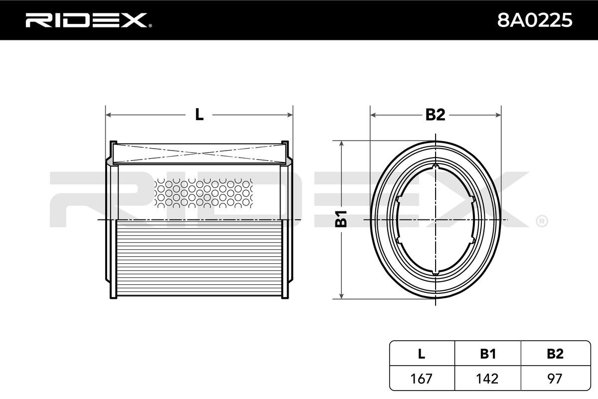 8A0225 Air filter 8A0225 RIDEX 167mm, 142mm, Cylindrical, Filter Insert