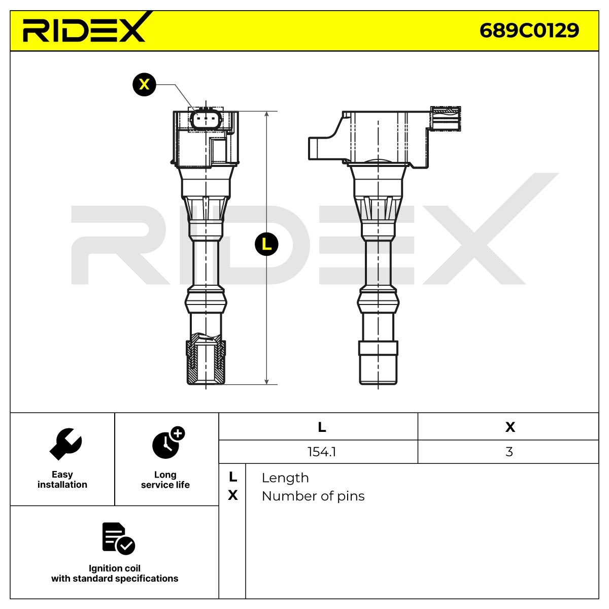RIDEX 689C0129 Ignition coil 3-pin connector, incl. spark plug connector, Исполнение разъема SAE, 167 mm
