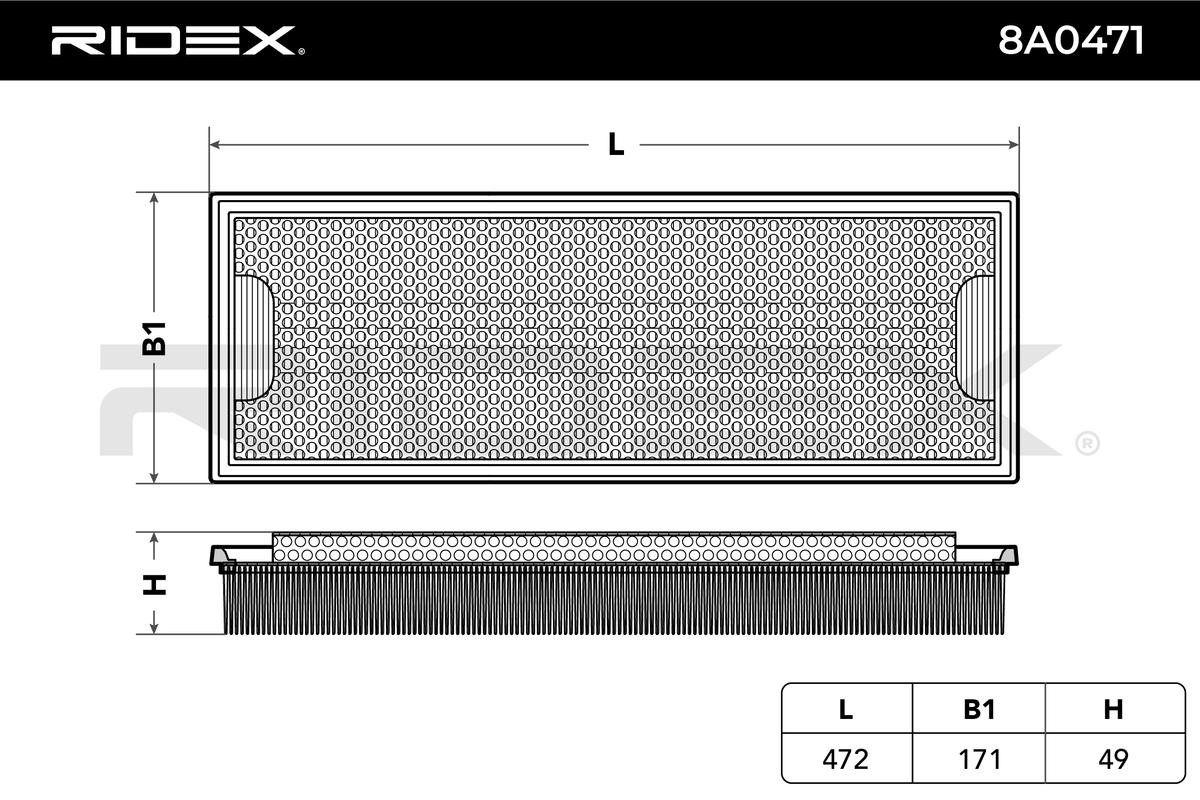 RIDEX 8A0471 Engine filter 60mm, 170mm, 472mm, rectangular, Air Recirculation Filter, Filter Insert