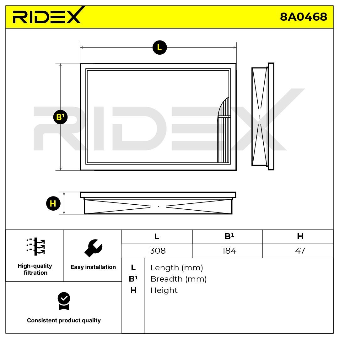 RIDEX 8A0468 Engine filter 49mm, 184mm, 308mm, Air Recirculation Filter