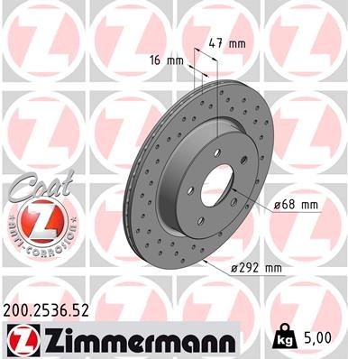 ZIMMERMANN SPORT COAT Z 200.2536.52 Brake disc 292x16mm, 5/5, 5x114, internally vented, Perforated, Coated