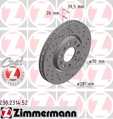 230.2314.52 ZIMMERMANN Brake rotors ALFA ROMEO 281x26mm, 10/5, 5x110, internally vented, Perforated, Coated