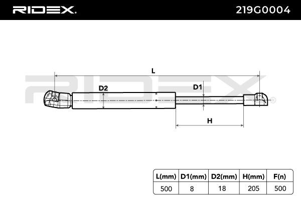 RIDEX 219G0004 Tailgate gas struts 500N, 500 mm, both sides