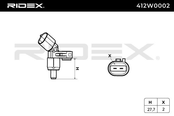 RIDEX 412W0002 Sensor de ABS Eje delantero, izquierda, inductivo, 1100 Ohm, 27,7mm, 2