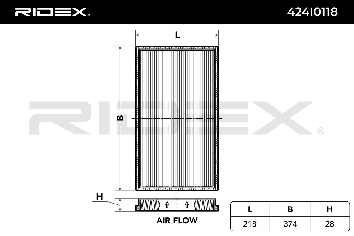 RIDEX 424I0118 Air conditioner filter Pollen Filter, Particulate Filter, Filter Insert, 218 mm x 374 mm
