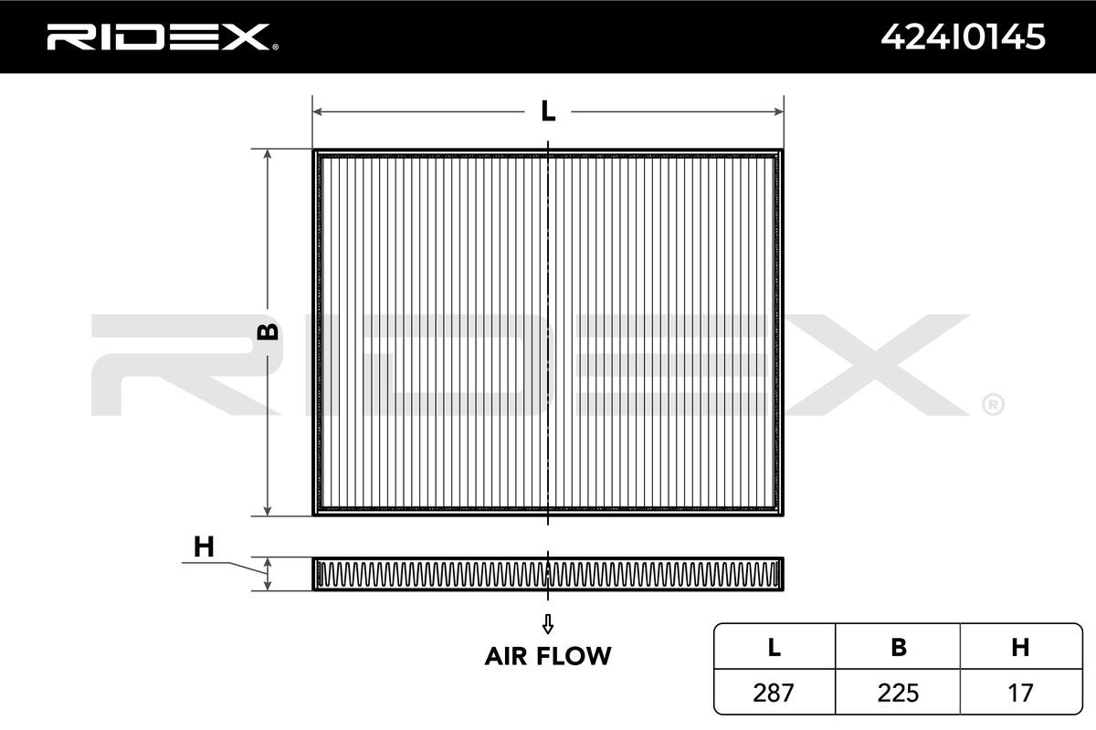 424I0145 Air con filter 424I0145 RIDEX Pollen Filter, 287 mm x 225 mm x 17 mm, Paper