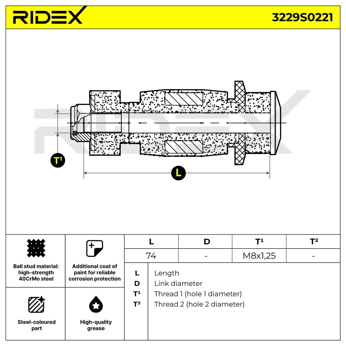 3229S0221 Anti-roll bar linkage 3229S0221 RIDEX Front axle both sides, 78mm, MM8x1.25R, Elastomer