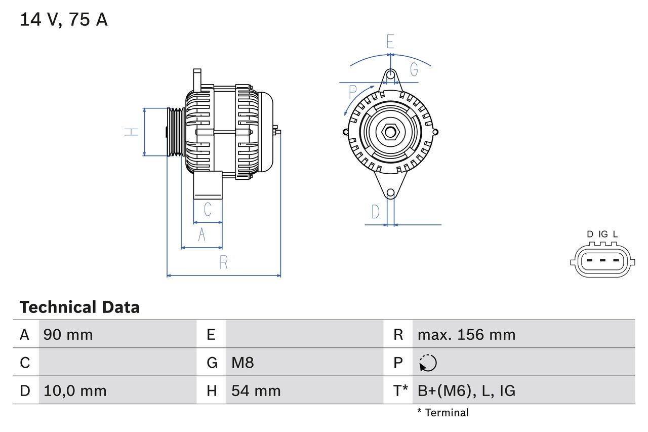 BOSCH 0 986 081 950 Alternator 14V, 75A, B+(M6),L,IG, PL58, excl. vacuum pump, Ø 54 mm