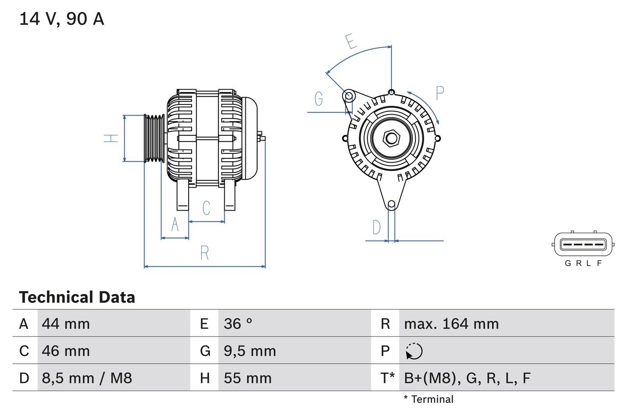 BOSCH 0 986 082 750 Alternator 14V, 90A, B+(M8),G,R,L,F, PL151, excl. vacuum pump, Ø 55 mm
