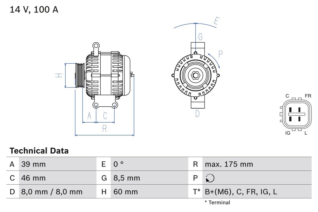 0 986 082 420 BOSCH Generator HONDA 14V, 100A, B+(M6),C,FR,IG,L, PL60, excl. vacuum pump, Ø 60 mm